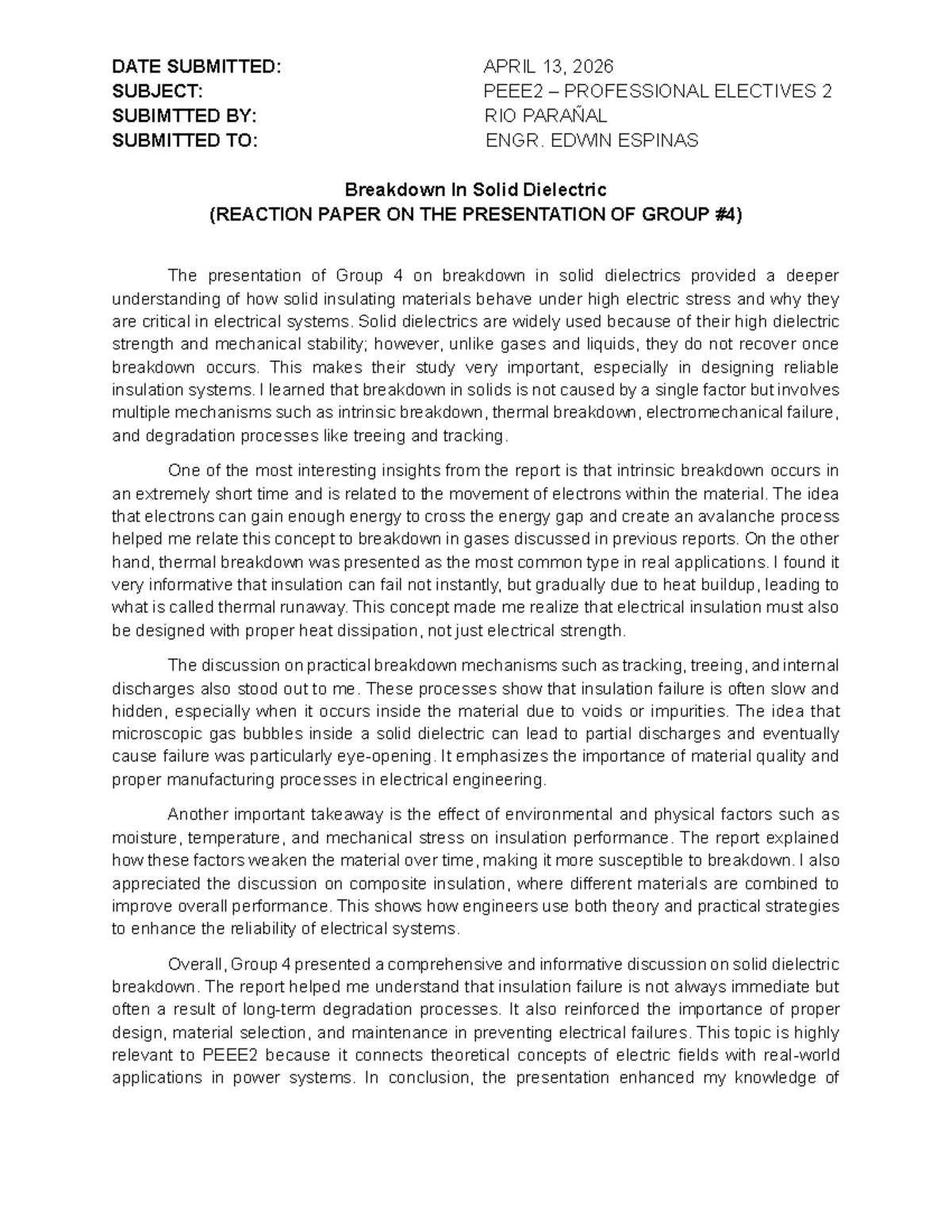 ENGR 2 Professional Electives: Reaction Paper on Solid Dielectric ...