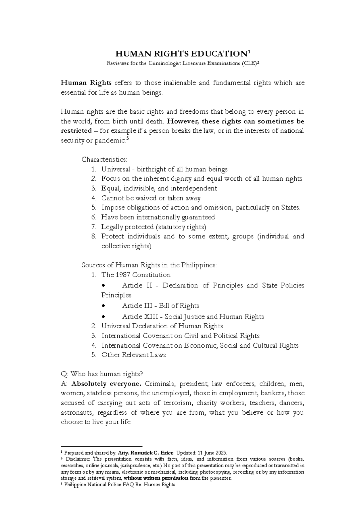 Human Rights Education: A Comprehensive Review for CLE 2 Exam - Studocu