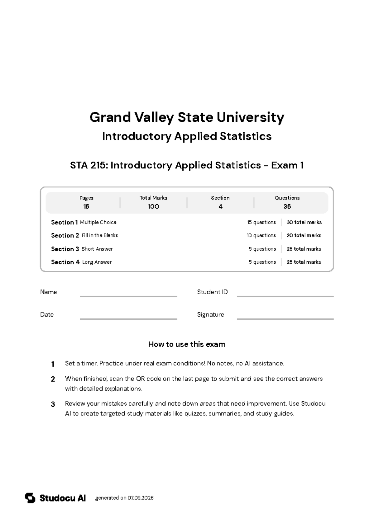 STA 215: Introductory Applied Statistics - Exam 1 - Studocu