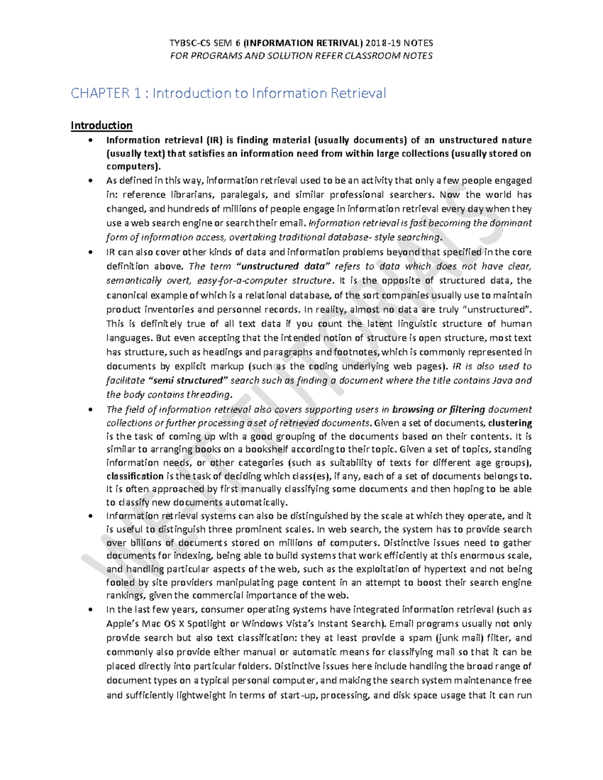 Information Retrieval: TYCS IR SEM 6 Lecture Notes Overview - Studocu