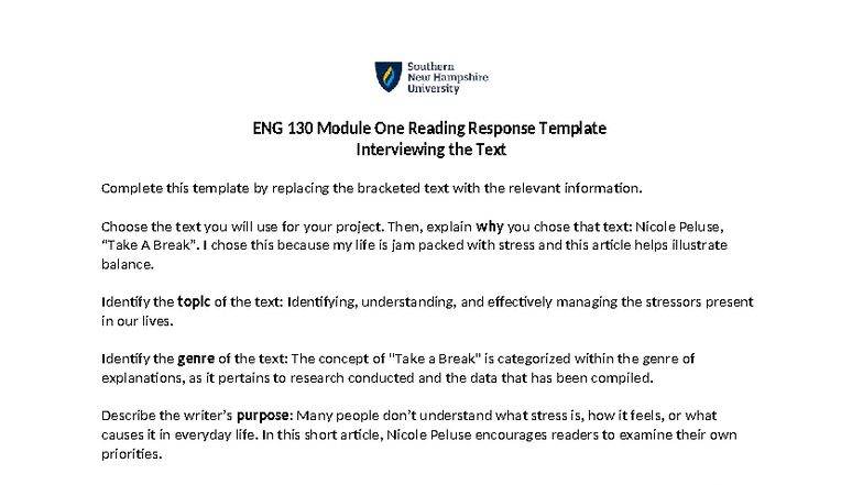 ENG 130 Module One Reading Response: Analyzing 