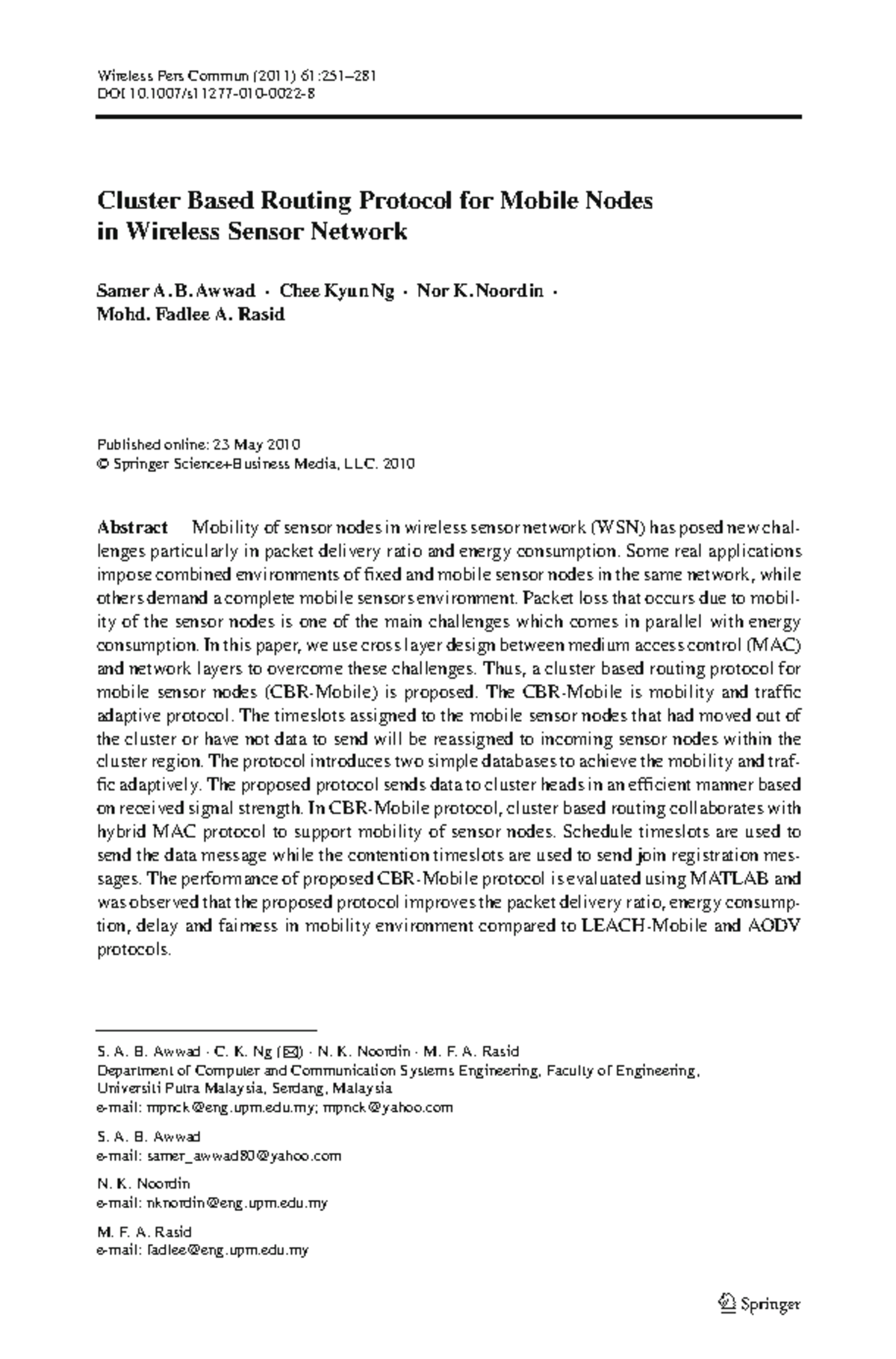 Cluster Based Routing Protocol for Mobile Nodes in WSN (2011) - Studocu
