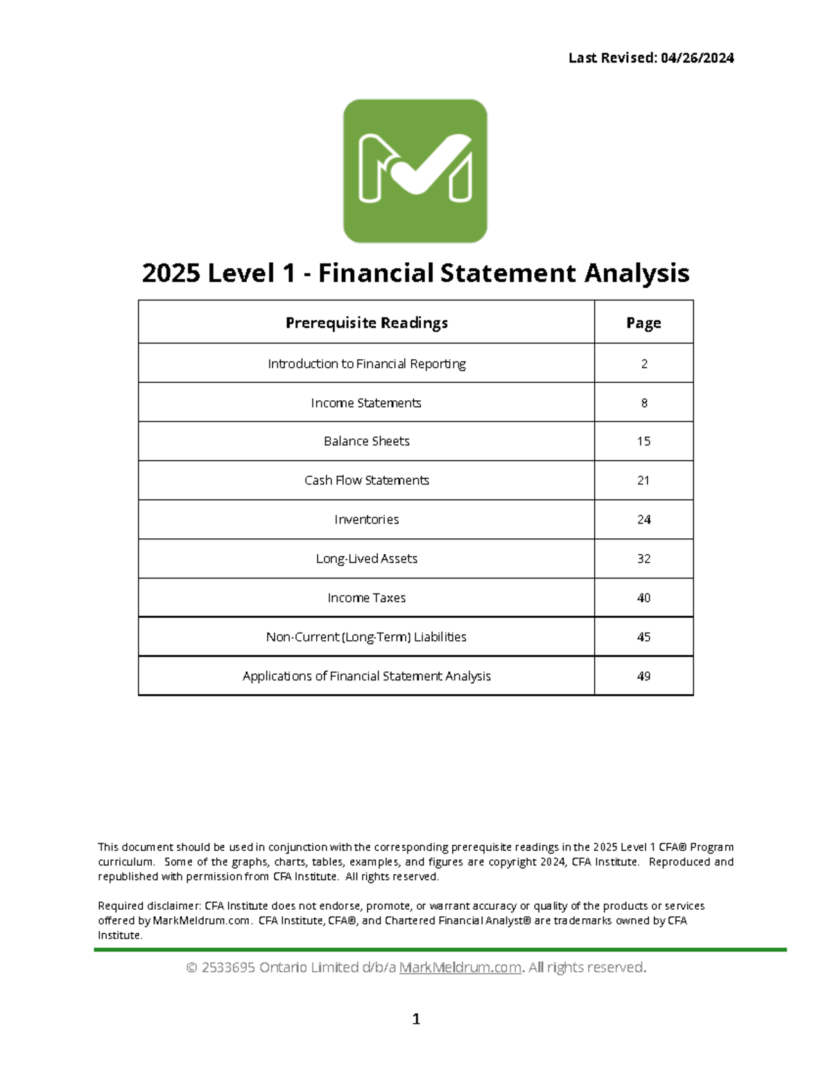 2025 Level 1 Financial Statement Analysis Prerequisite Readings - Studocu