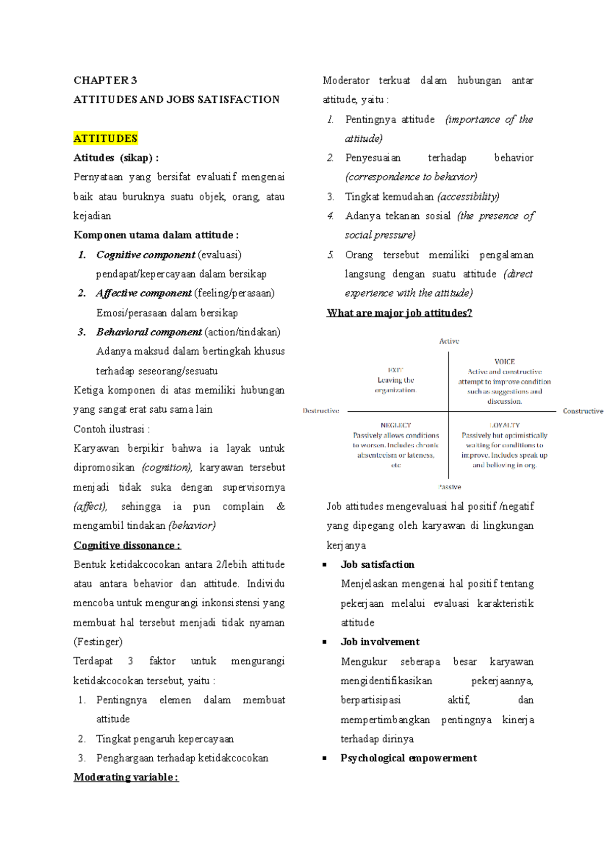 OB Chapter 3-4: Attitudes and Job Satisfaction Summary - Studocu