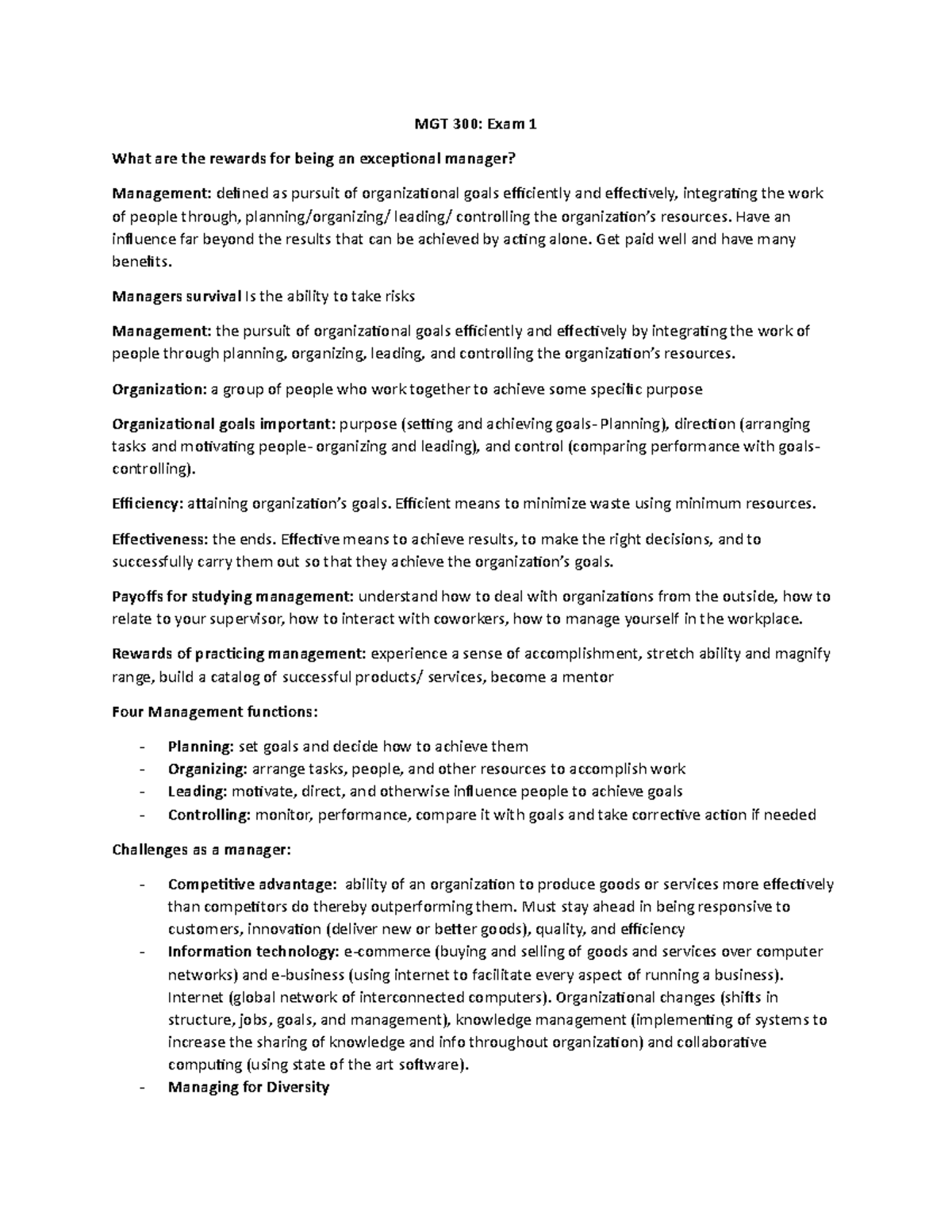 MGT 300: Exam 1 Comprehensive Study Guide for Management Principles ...