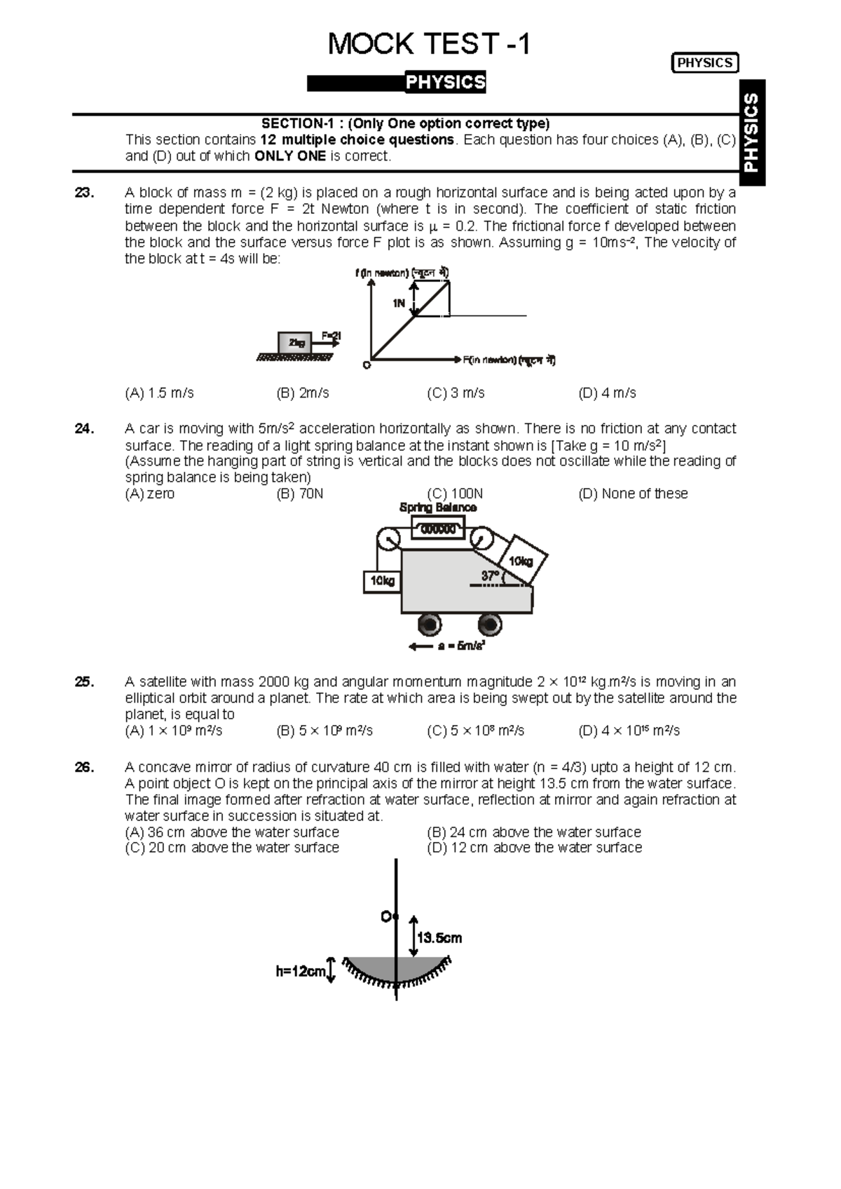 MOCK TEST PHYSICS: Multiple Choice Questions (One Correct Option) - Studocu