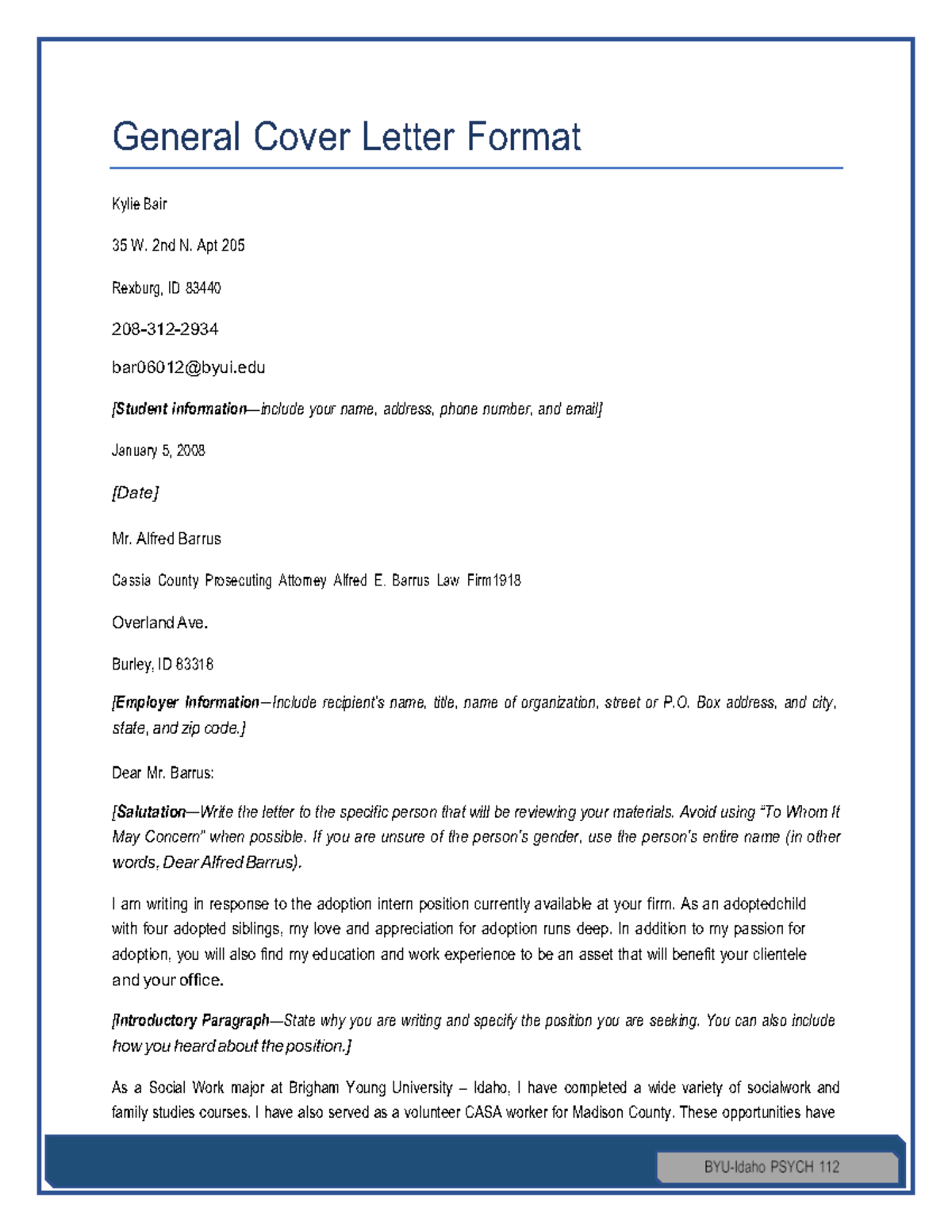 Cover Letter Sample - General Cover Letter Format Kylie Bair 35 W. 2nd ...