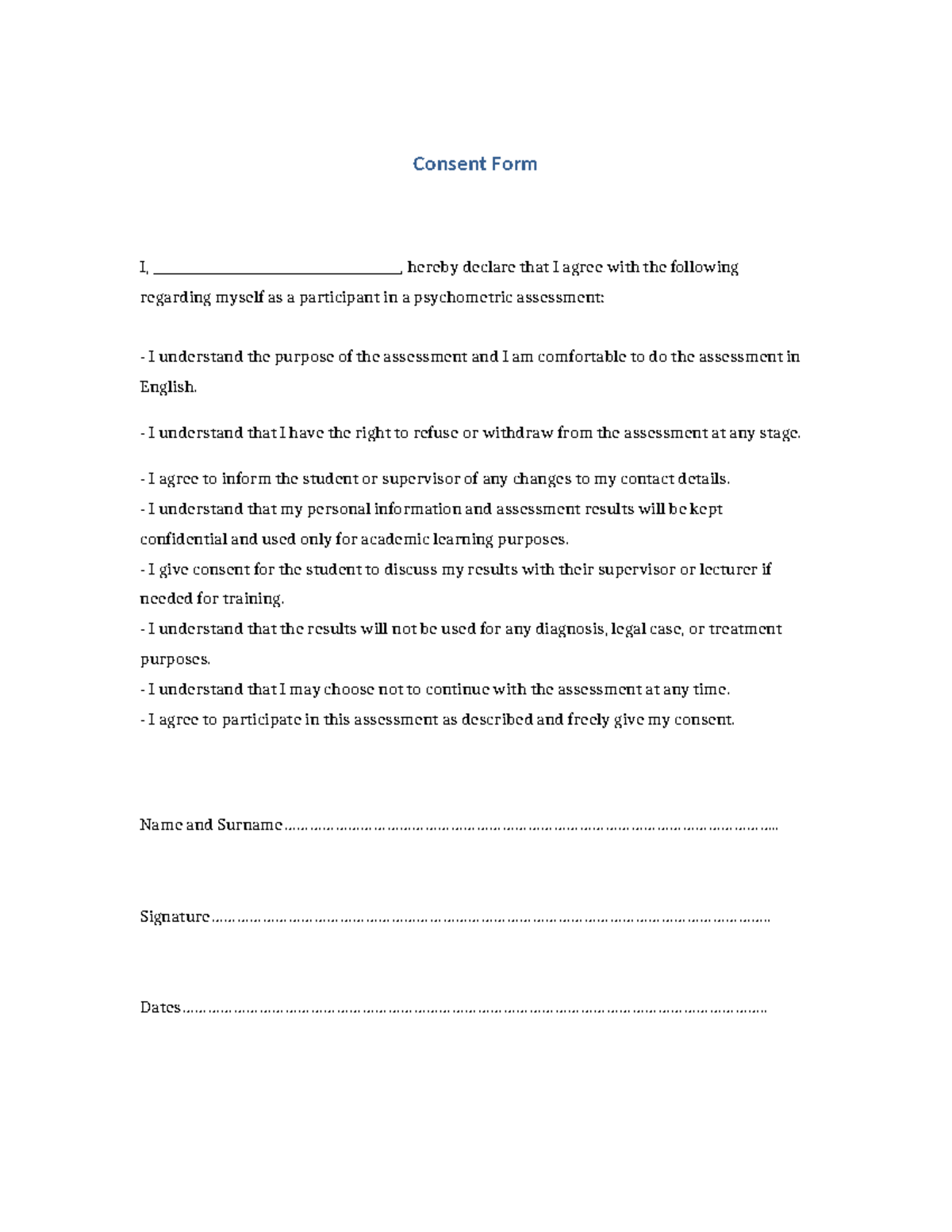 Consent Form for Psychometric Assessment Participation - Studocu