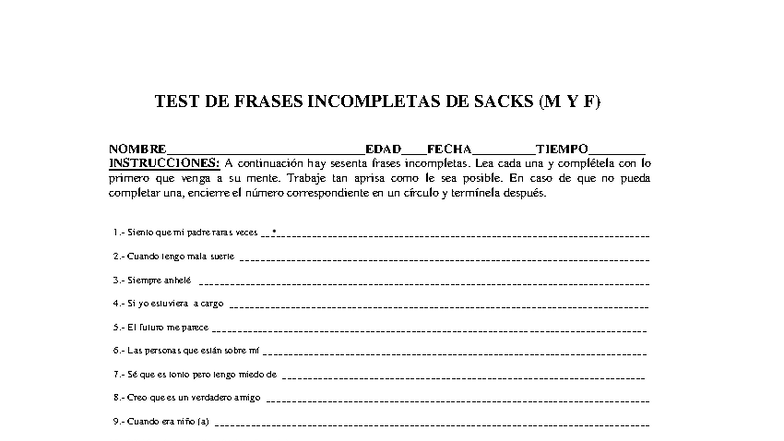 TEST DE FRASES INCOMPLETAS DE SACKS (M Y F) - ADULTOS 3 - Studocu