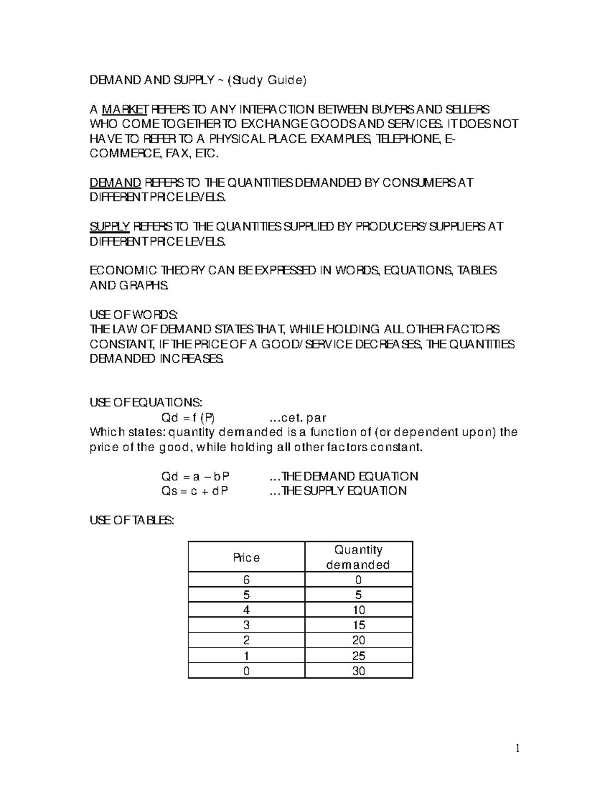 Demand & Supply - 1 DEMAND AND SUPPLY ~ (Stud y Guid e ) A MARKET ...