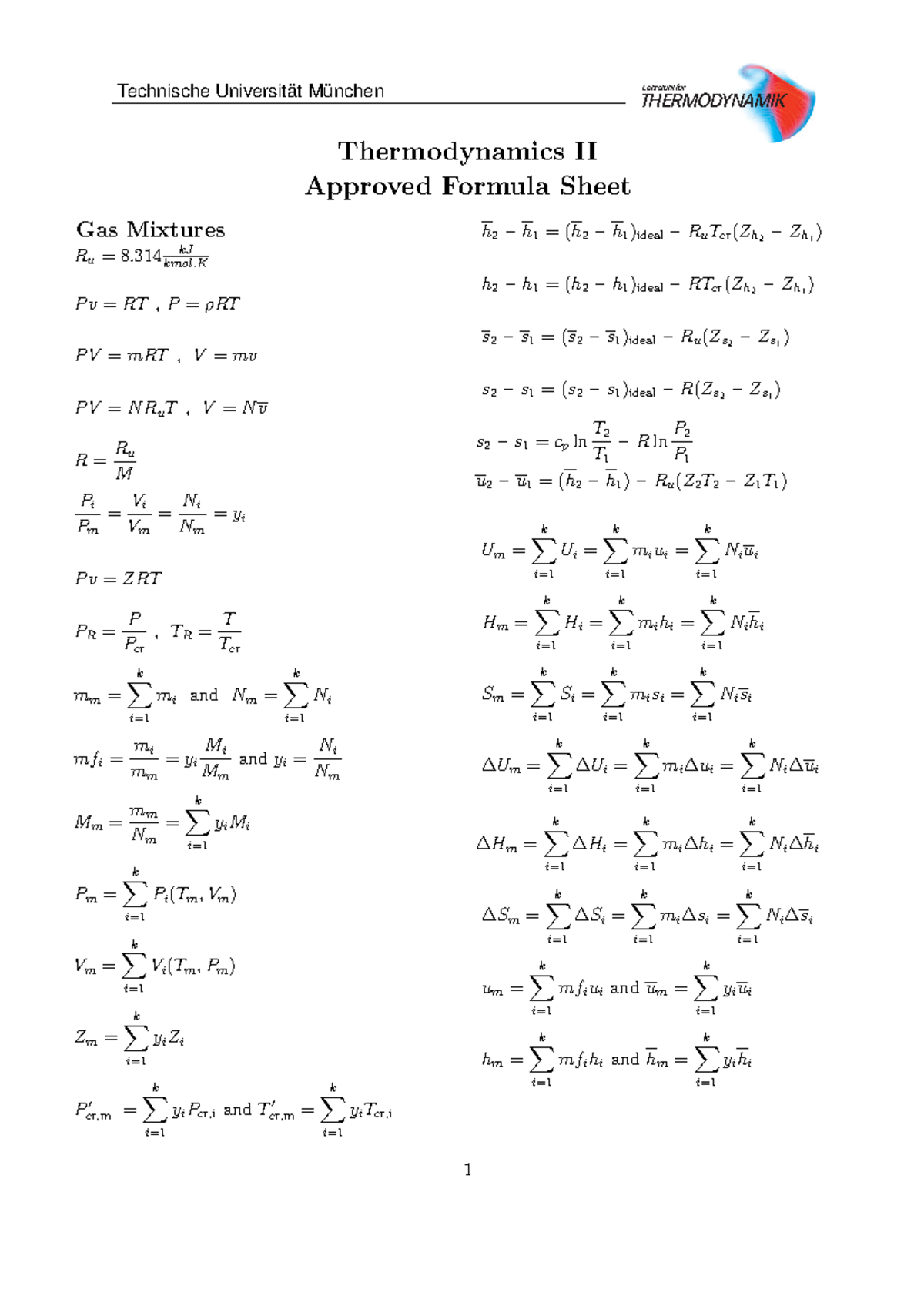 Approved Formula Sheet - Thermodynamics II Approved Formula Sheet Gas ...