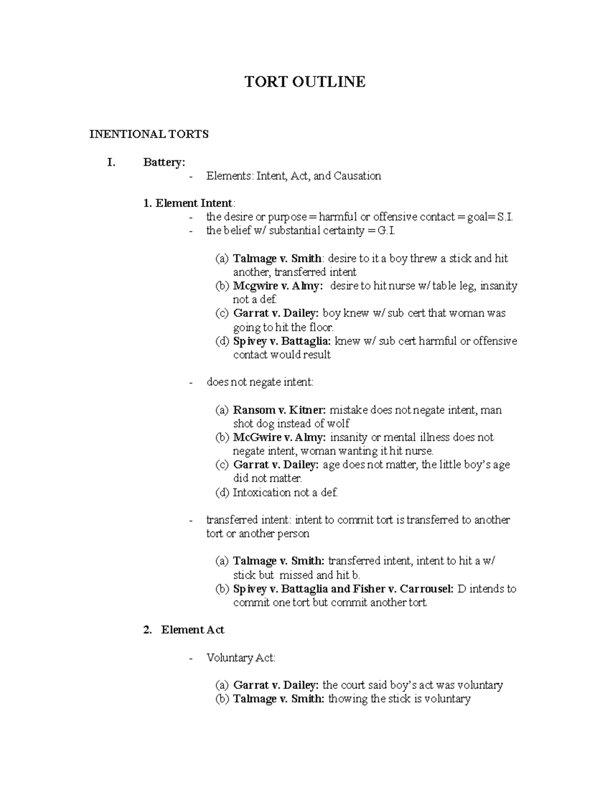 TORT Law Outline: Intentional Torts Overview and Case Summaries - Studocu