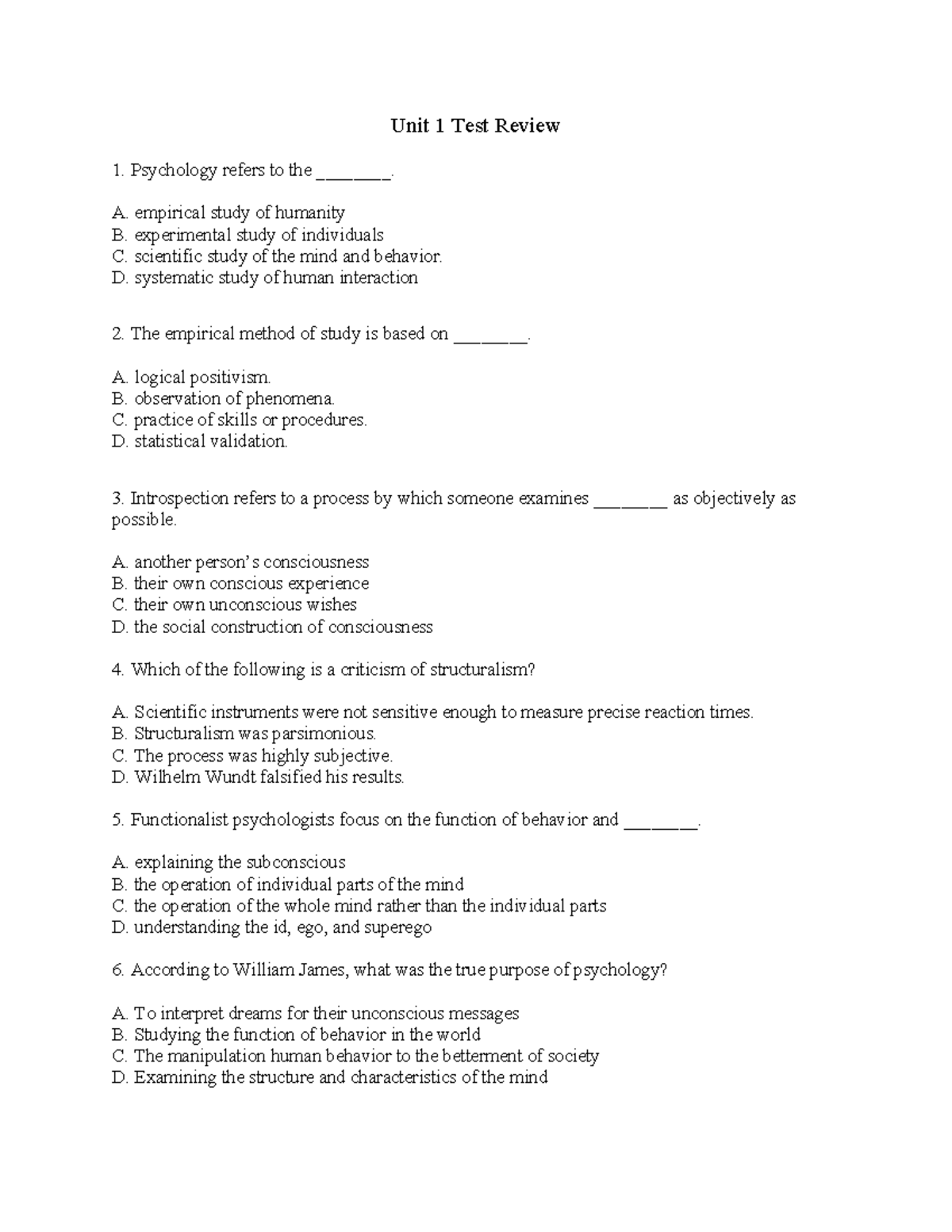 Psychology 101: Unit 1 Test Review Questions & Answers - Studocu