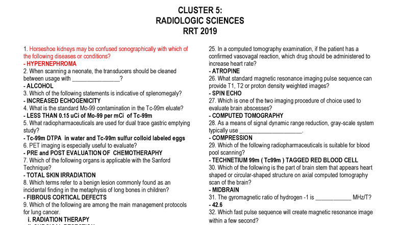 Cluster 5: Radiologic Sciences RRT 2019 Study Guide - Studocu