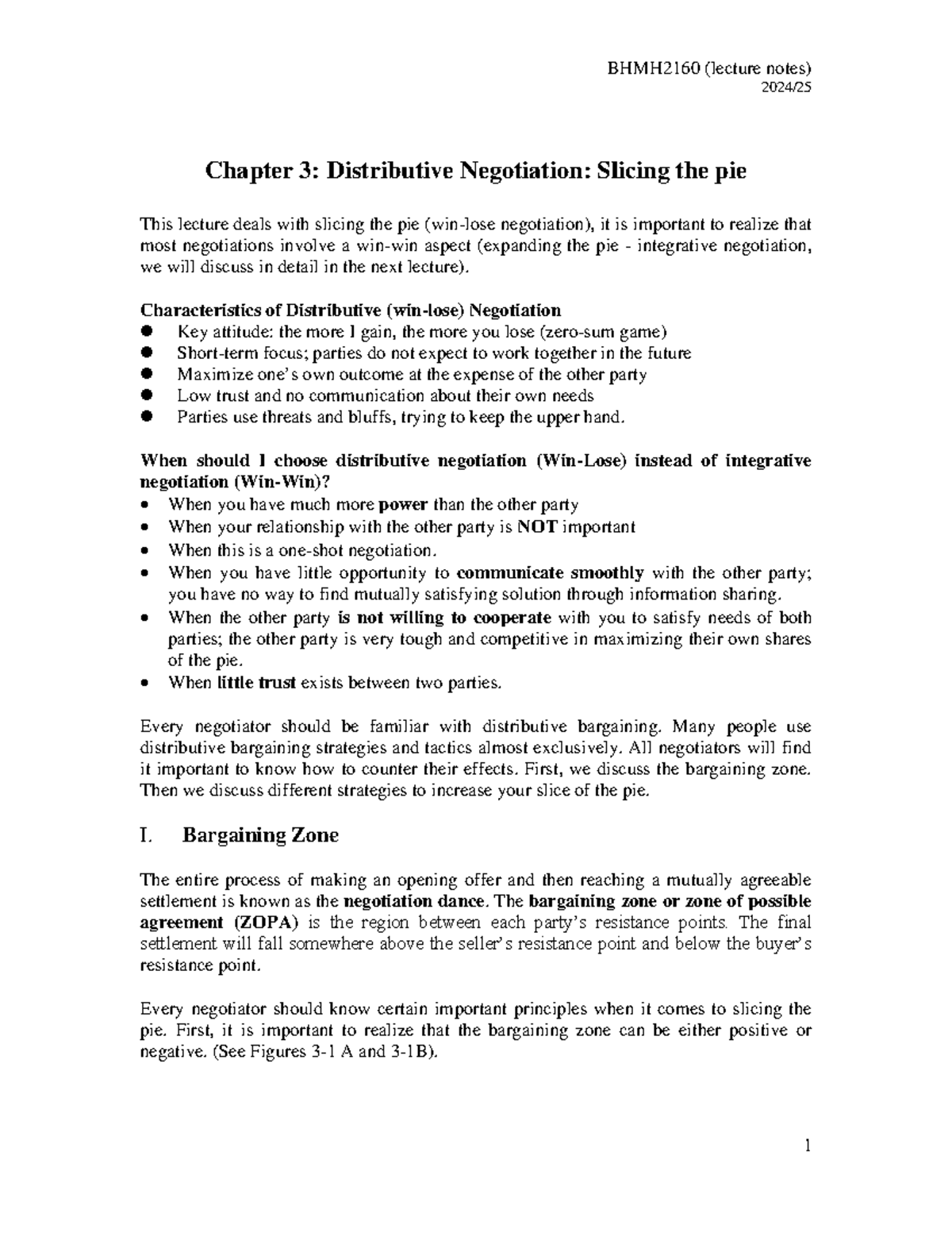 BHMH2160 Lecture Notes: Chapter 3 - Distributive Negotiation Insights ...