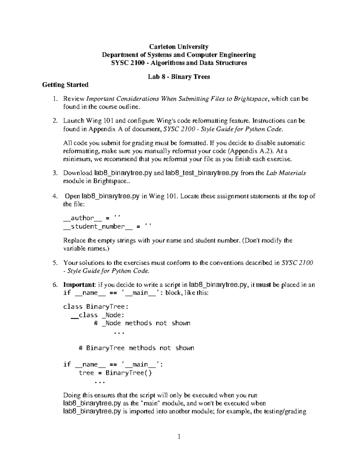 SYSC 2100 Lab 8 - Binary Trees and Code Submission Guidelines - Studocu