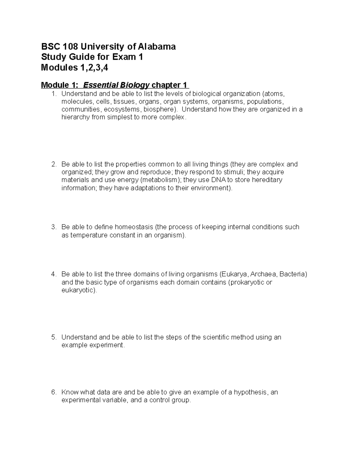 BSC 108 Exam 1 Comprehensive Study Guide for Biology Concepts - Studocu