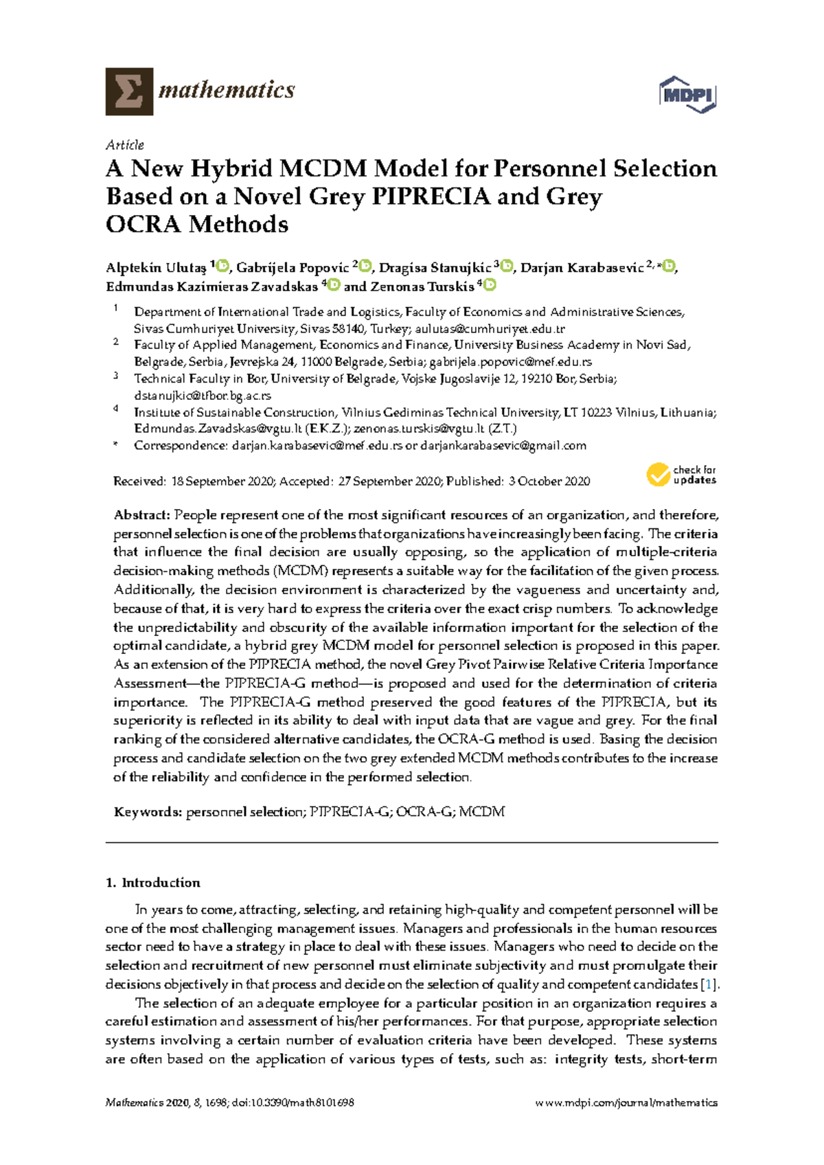 Mathematics 2020: A Hybrid Grey MCDM Model for Personnel Selection ...