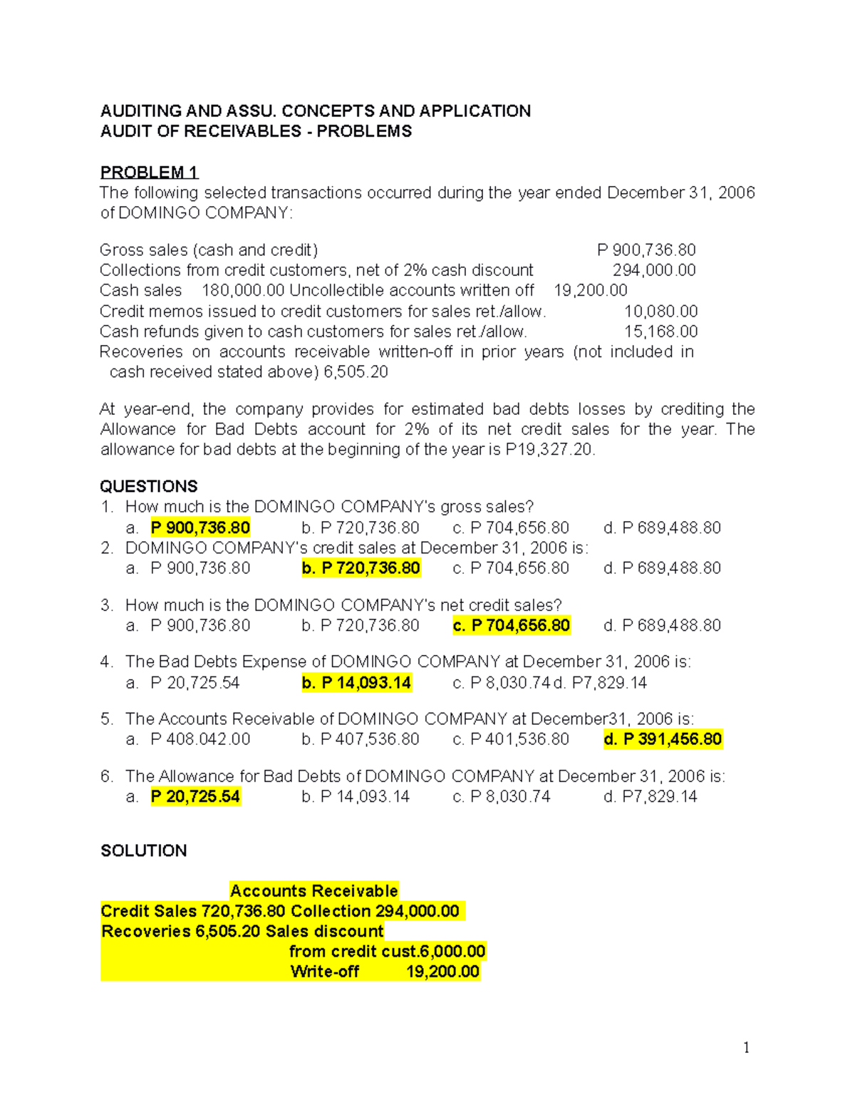 Audit of Receivables Problems & Solutions - Activity 8 Overview - Document Preview