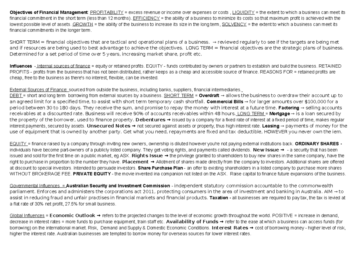 Finance Study Sheet: Key Objectives & Sources of Financial Management ...