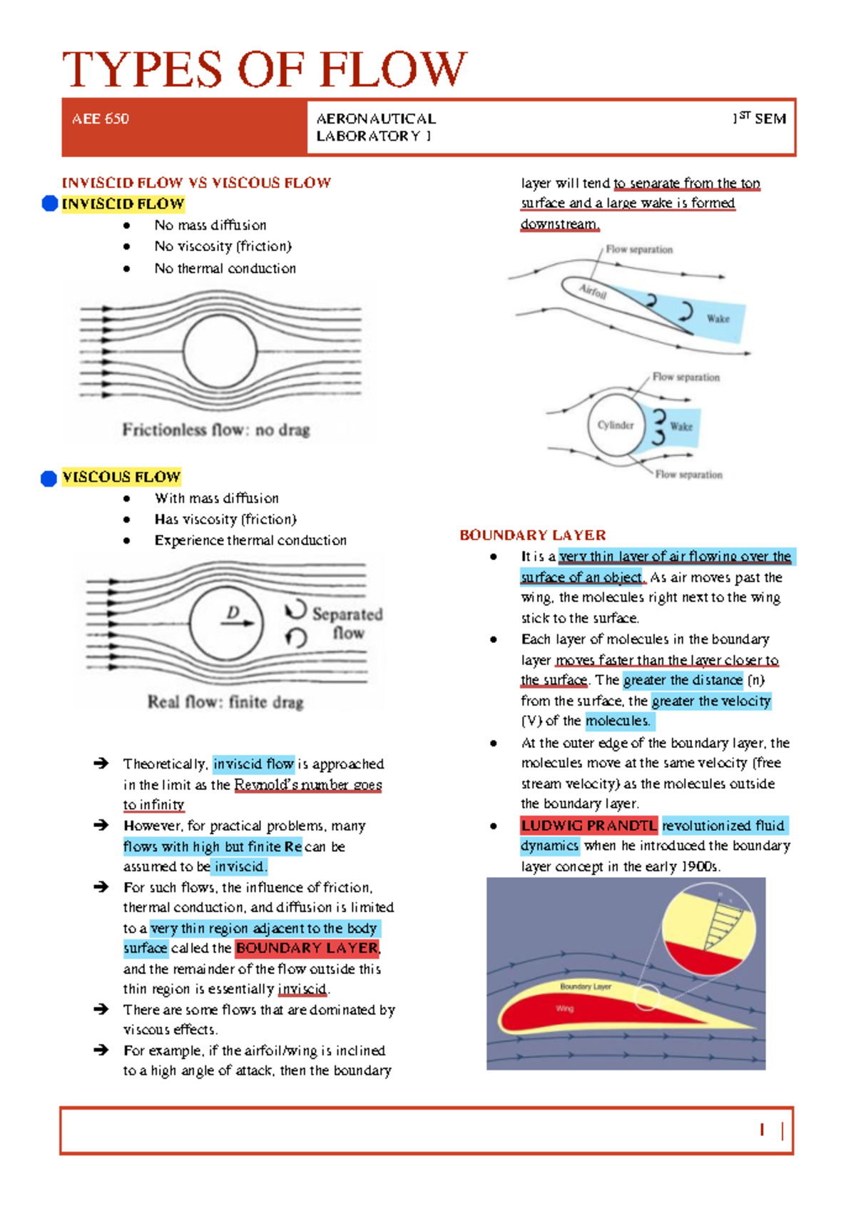 AEE 650 Aeronautical Lab 1: Types of Flow Overview and Concepts - Studocu