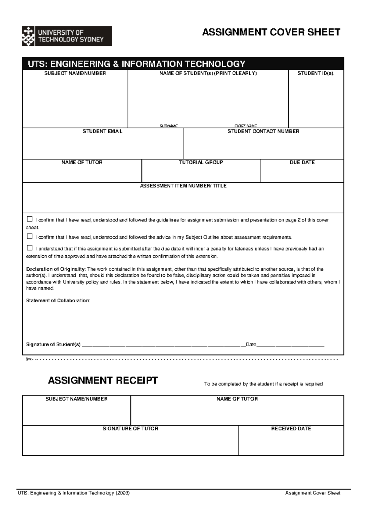 UTS: Engineering IT Assignment Cover Sheet Template - Studocu