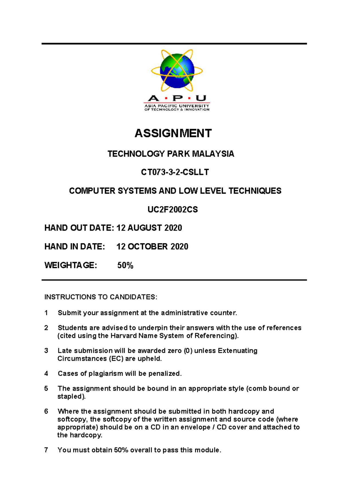 UC2F2002CS Assignment on Technology Park Malaysia: Computer Systems ...