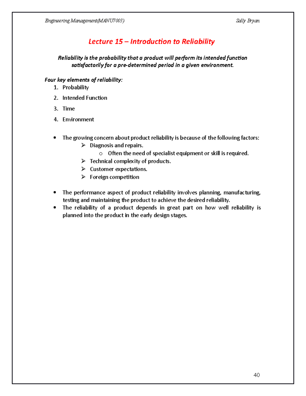Lecture 4 Reliability - Engineering Management(MANU7003) Sally Bryan ...
