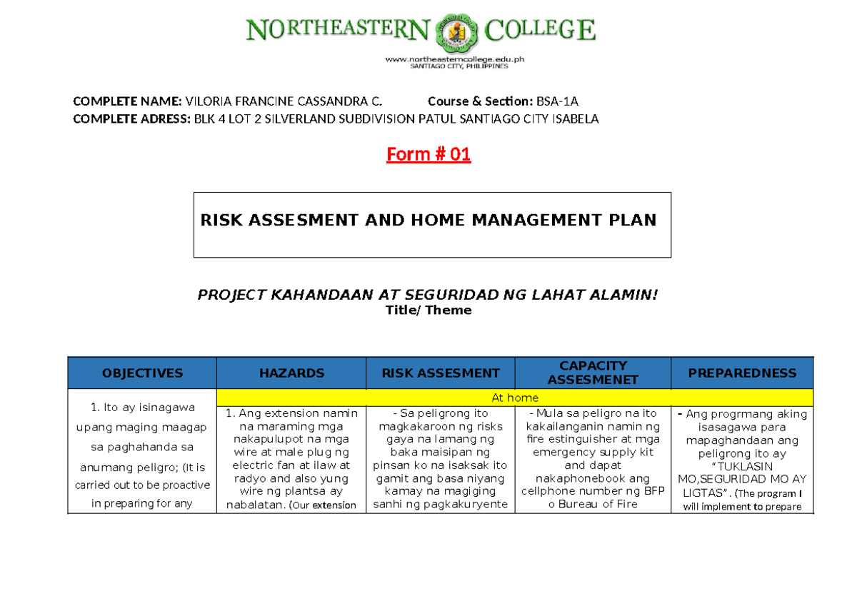 Risk Reduction and Home Management Plan Form 1 - COMPLETE NAME: VILORIA ...