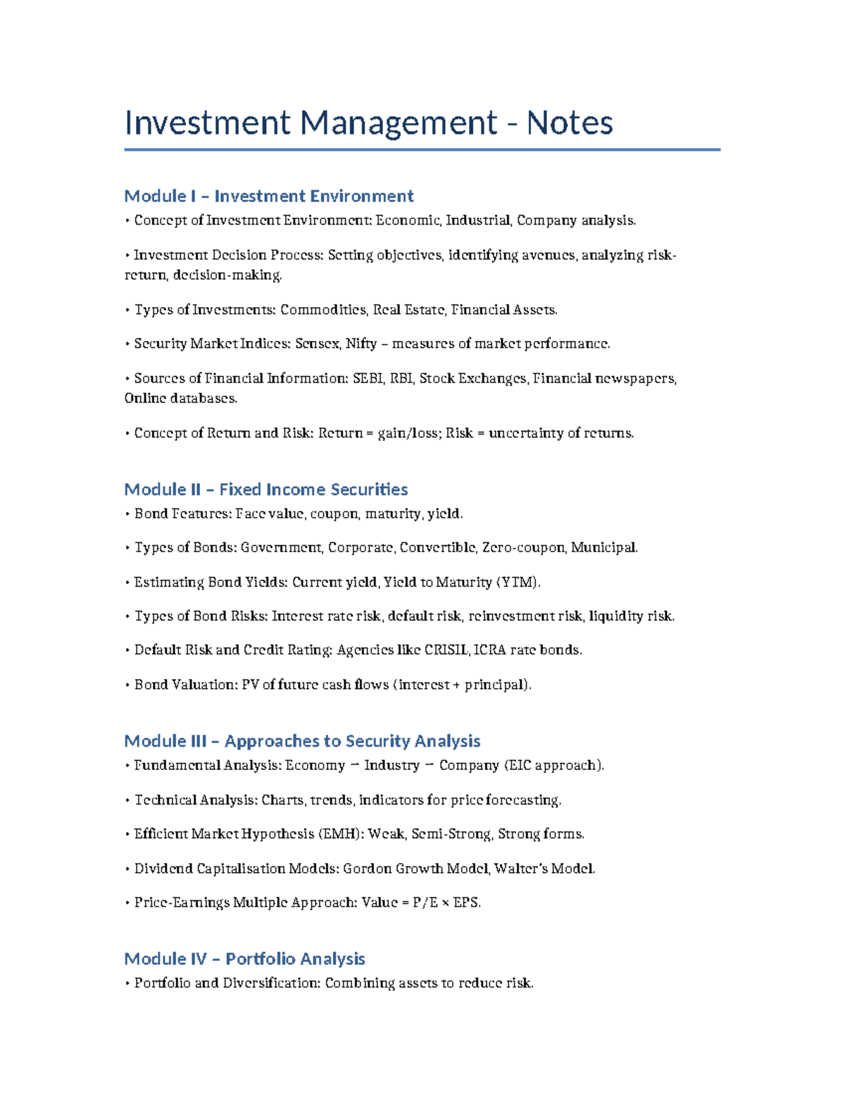 Investment Management Notes: Module I-IV Overview and Analysis - Studocu