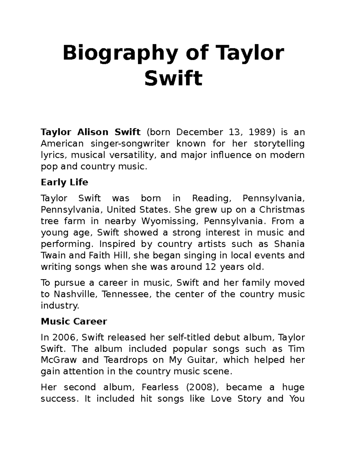 Biography of Taylor Swift: A Journey Through Music and Influence - Studocu