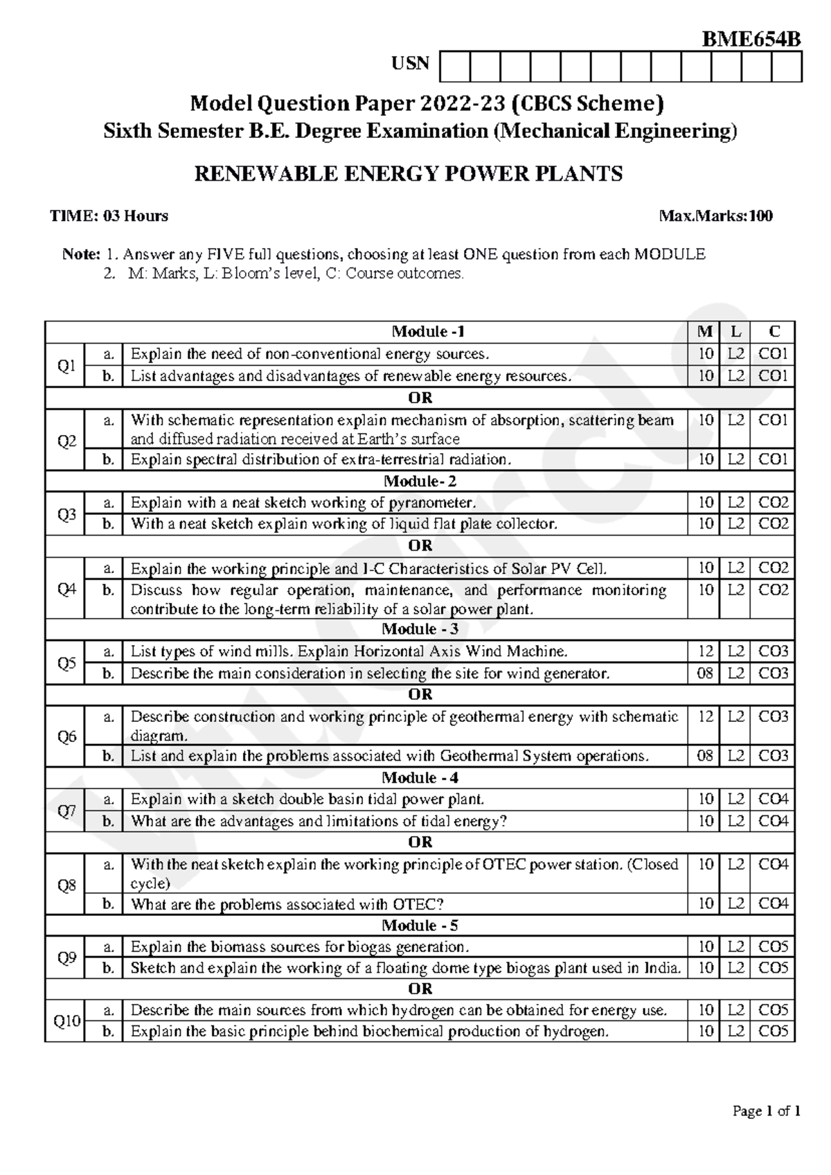 BME654B Renewable Energy Power Plants Model Question Paper - Studocu