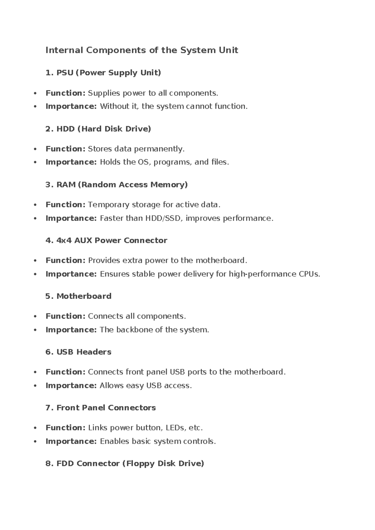 Internal Components of the System Unit - G1 Notes - Studocu