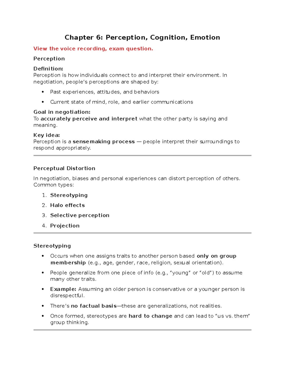 Chapter 6: Perception in Negotiation - Key Concepts and Insights - Studocu