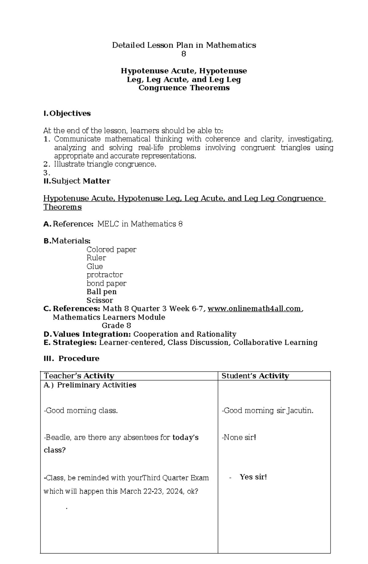 DLP: Mathematics 8 Lesson Plan on Triangle Congruence Theorems - Studocu