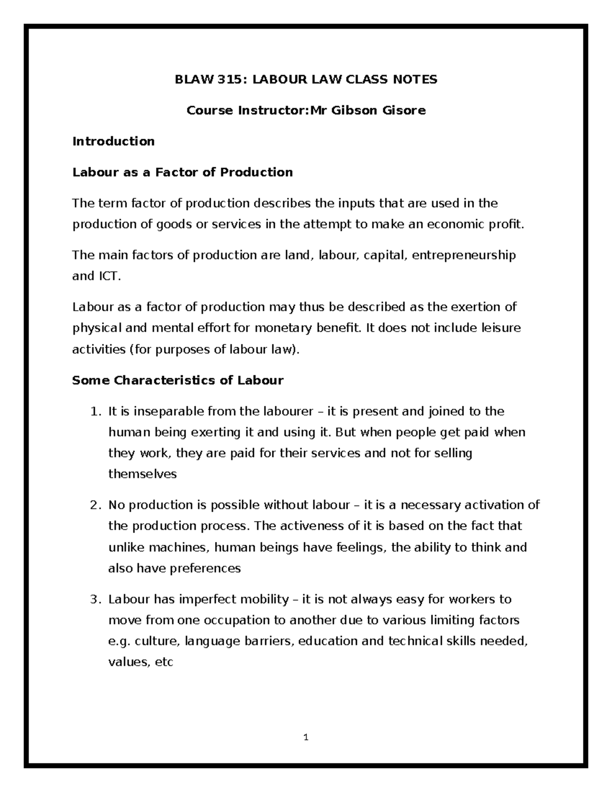 BLAW 315: Updated Labour Law Class Notes and Key Concepts - Studocu