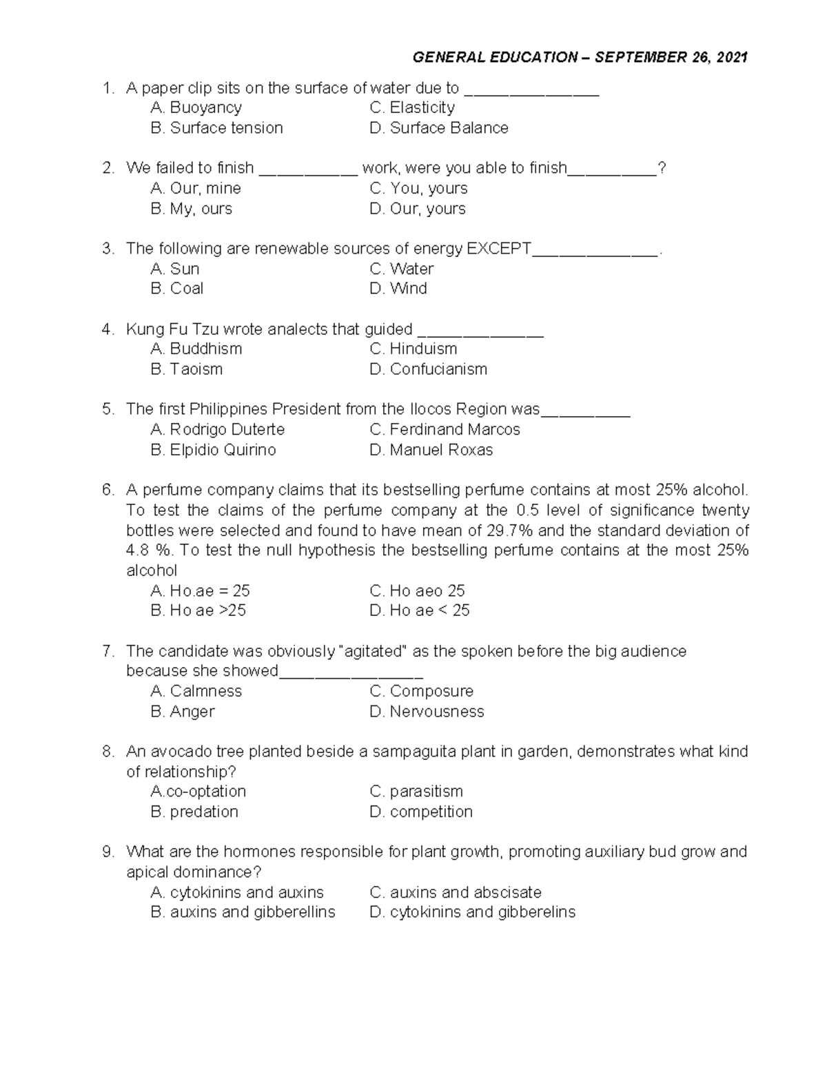 General Education Quiz Answers - September 26, 2021 - Studocu