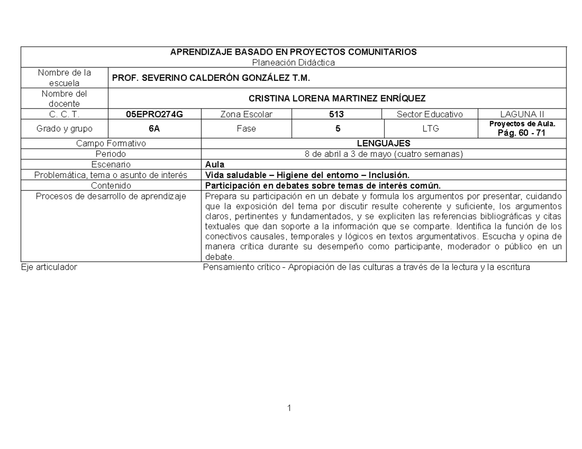 Planeación Didáctica de Proyectos Comunitarios para 6to Grado [3018 ...