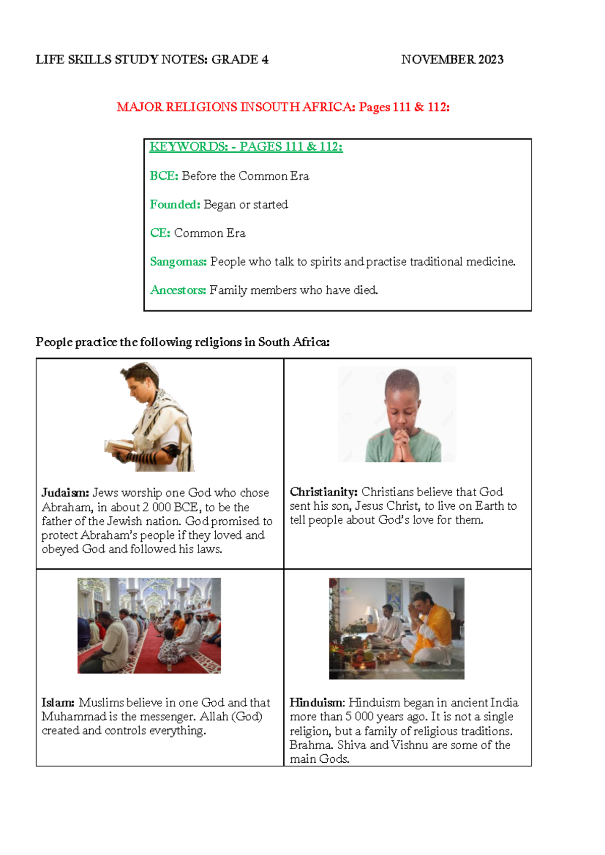 2023 - Grade 4 NOV LIFE Skills Study Notes: Major Religions & Safety ...