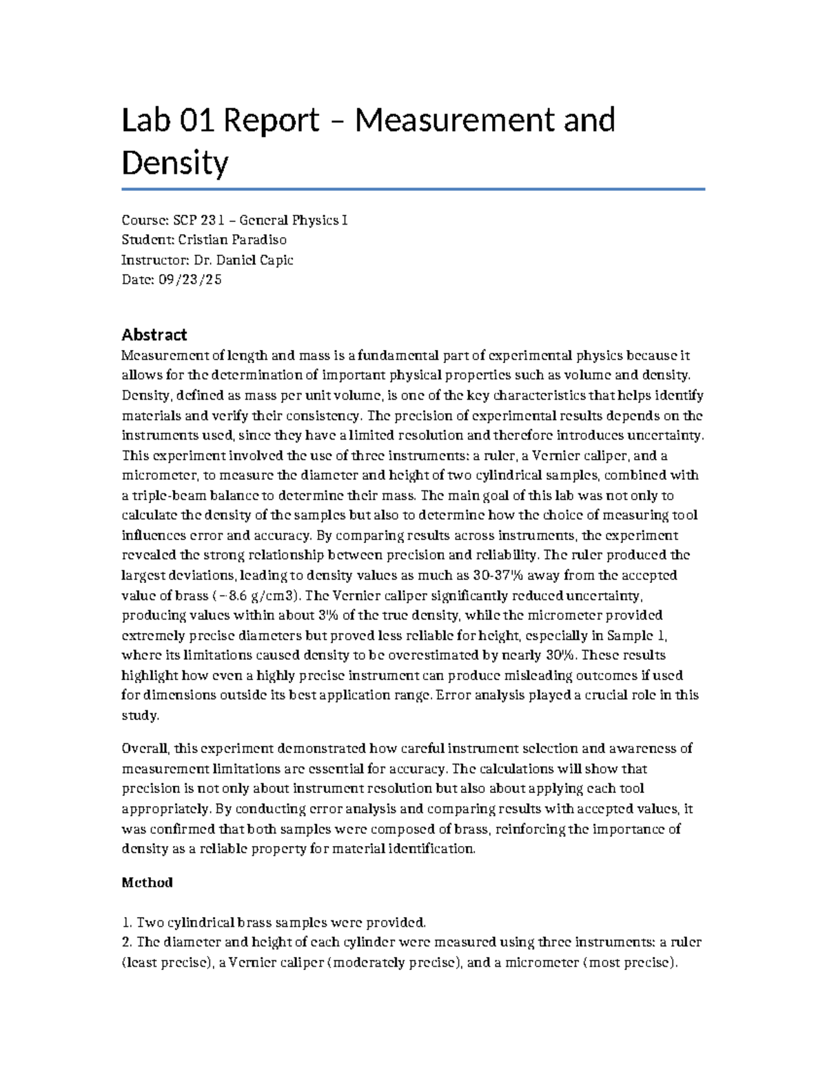Lab 01 Report: Measurement & Density in SCP 231 General Physics I - Studocu