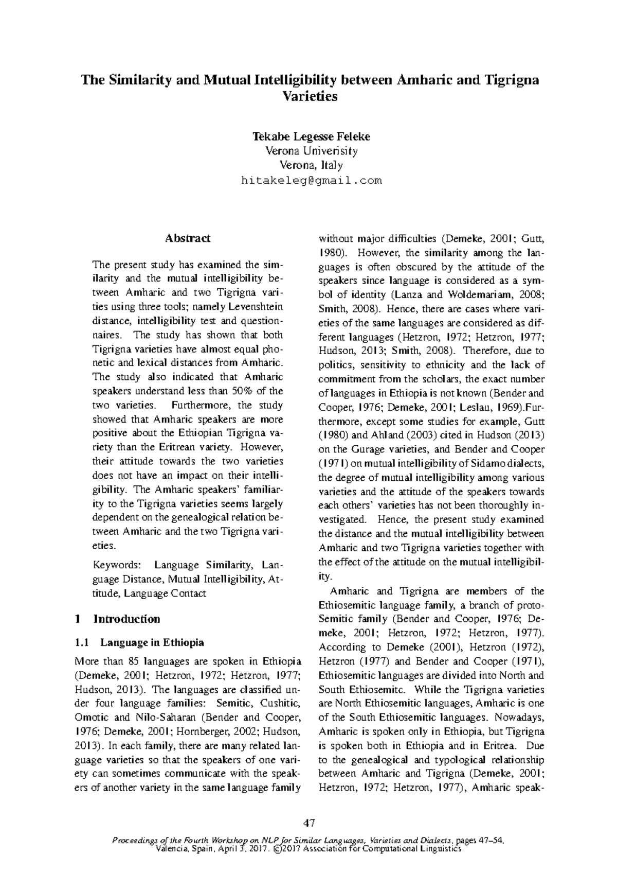 W17-1206 - Study on Similarity and Mutual Intelligibility of Amharic ...
