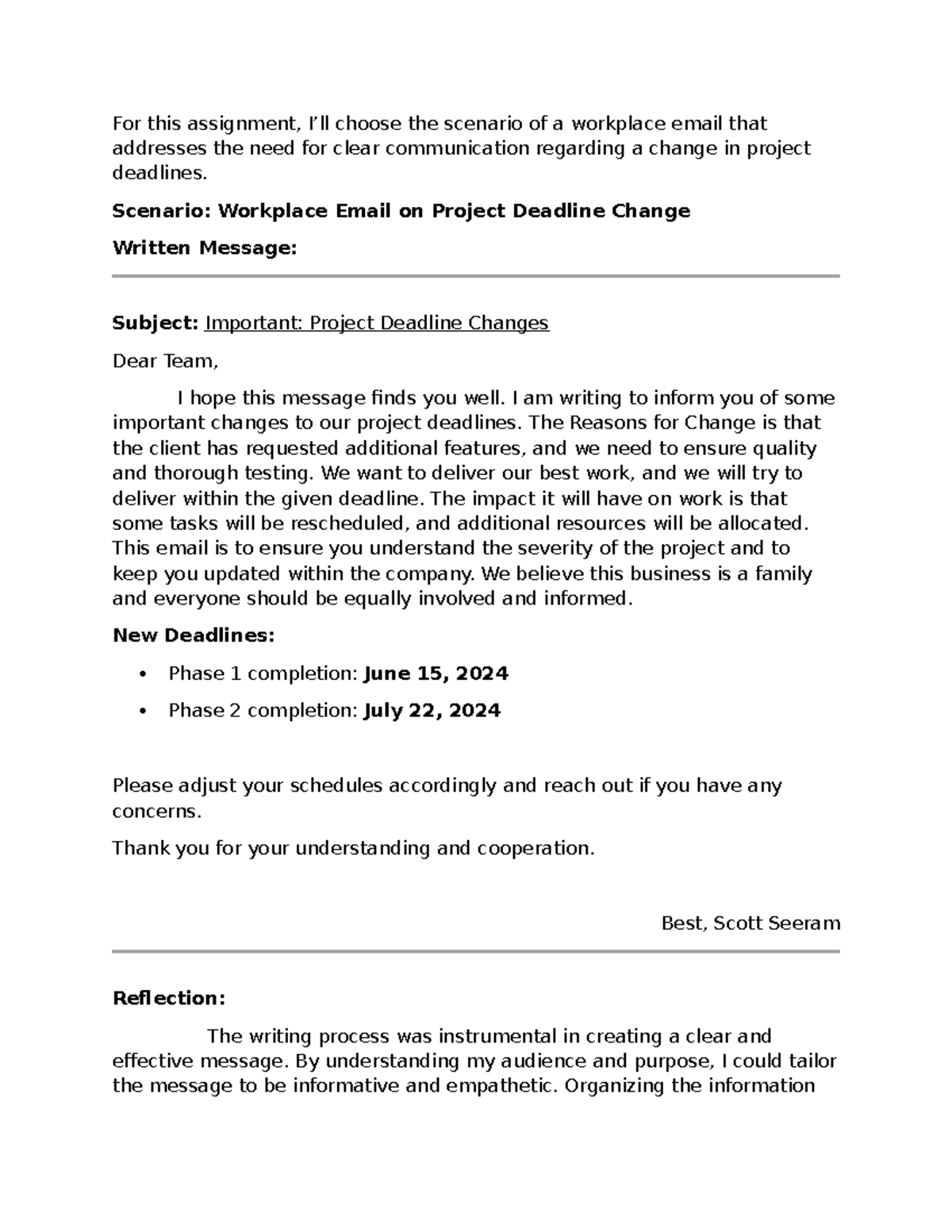 Workplace Email Scenario: Project Deadline Change Communication - Studocu