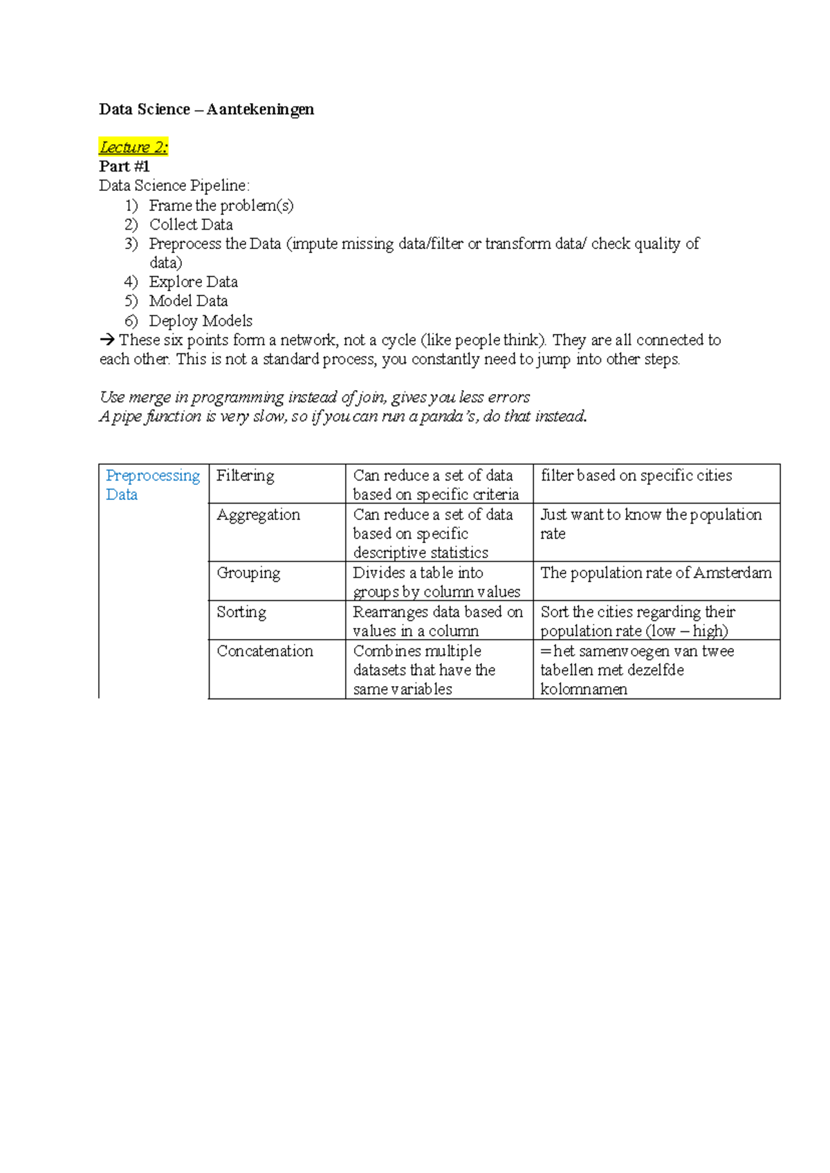 Data Science - Notes on Lecture 2: The Data Science Pipeline - Studeersnel