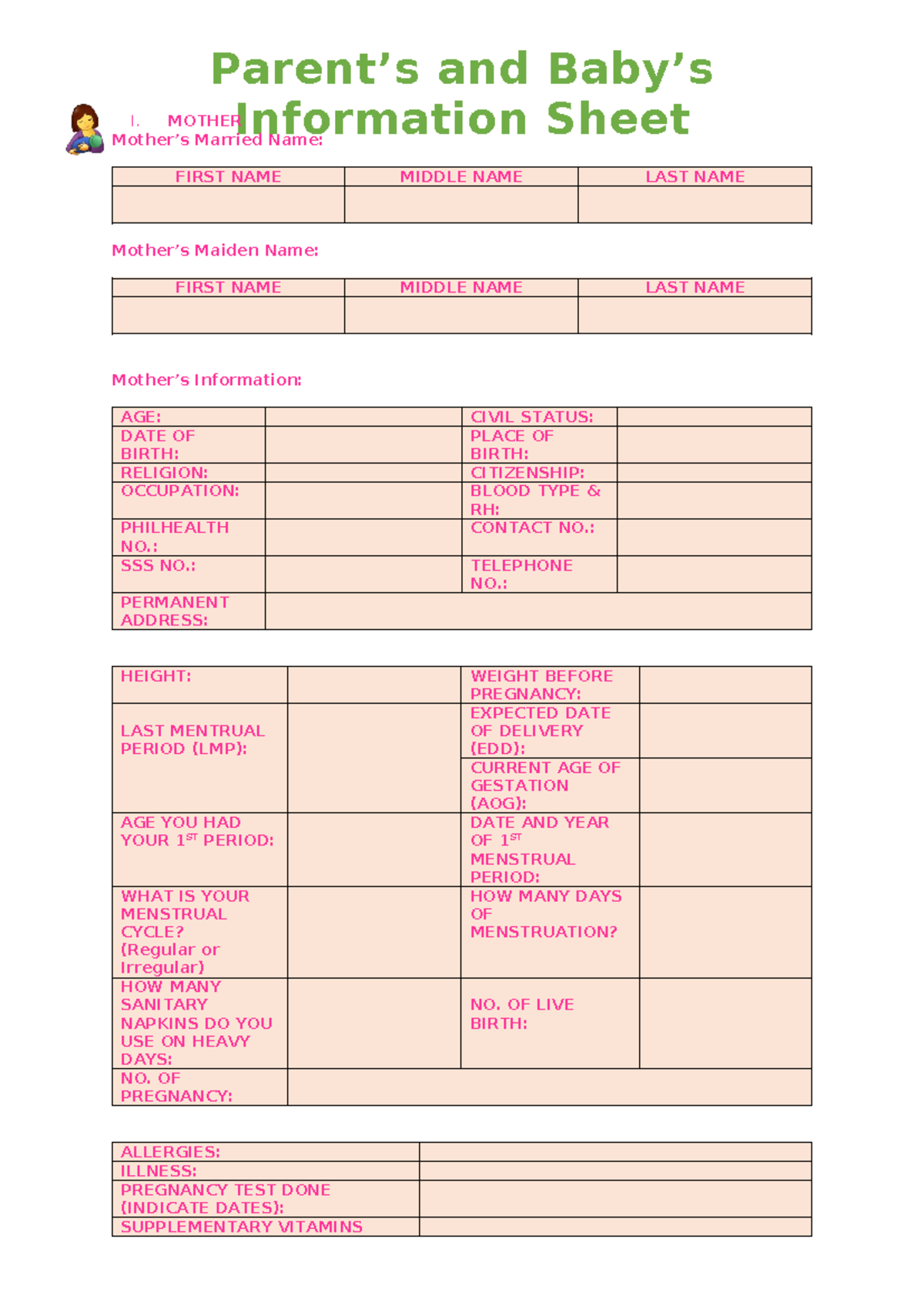 Parent's and Baby's Info Sheet: Detailed Family and Medical Details ...