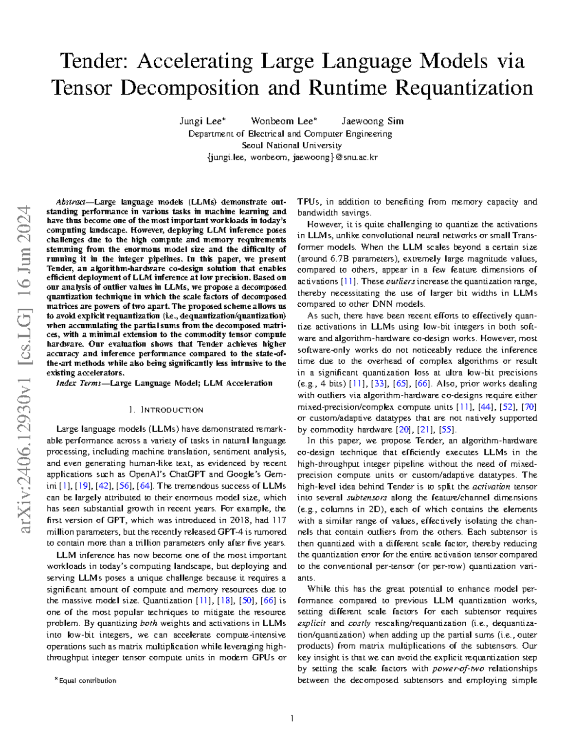 Tender: Efficient LLM Acceleration via Tensor Decomposition and ...