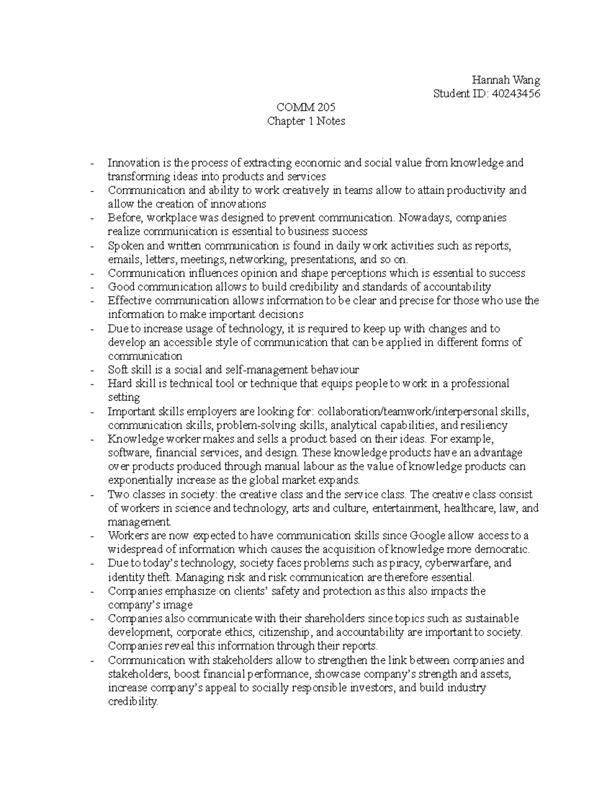 Chapter 1 - Lecture notes - Hannah Wang Student ID: 40243456 COMM 205 ...