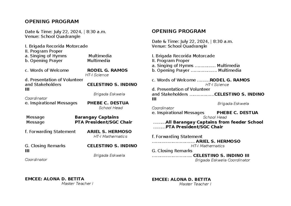 Program for MT1-English: Grade 7 to 12 Achievers Recognition - Studocu