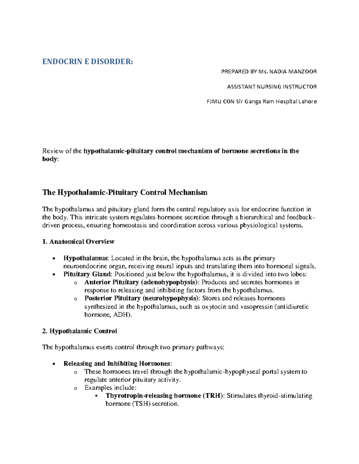 ENDOCRINE DISORDERS: CONTROL MECHANISMS & CLINICAL RELEVANCE - Studocu