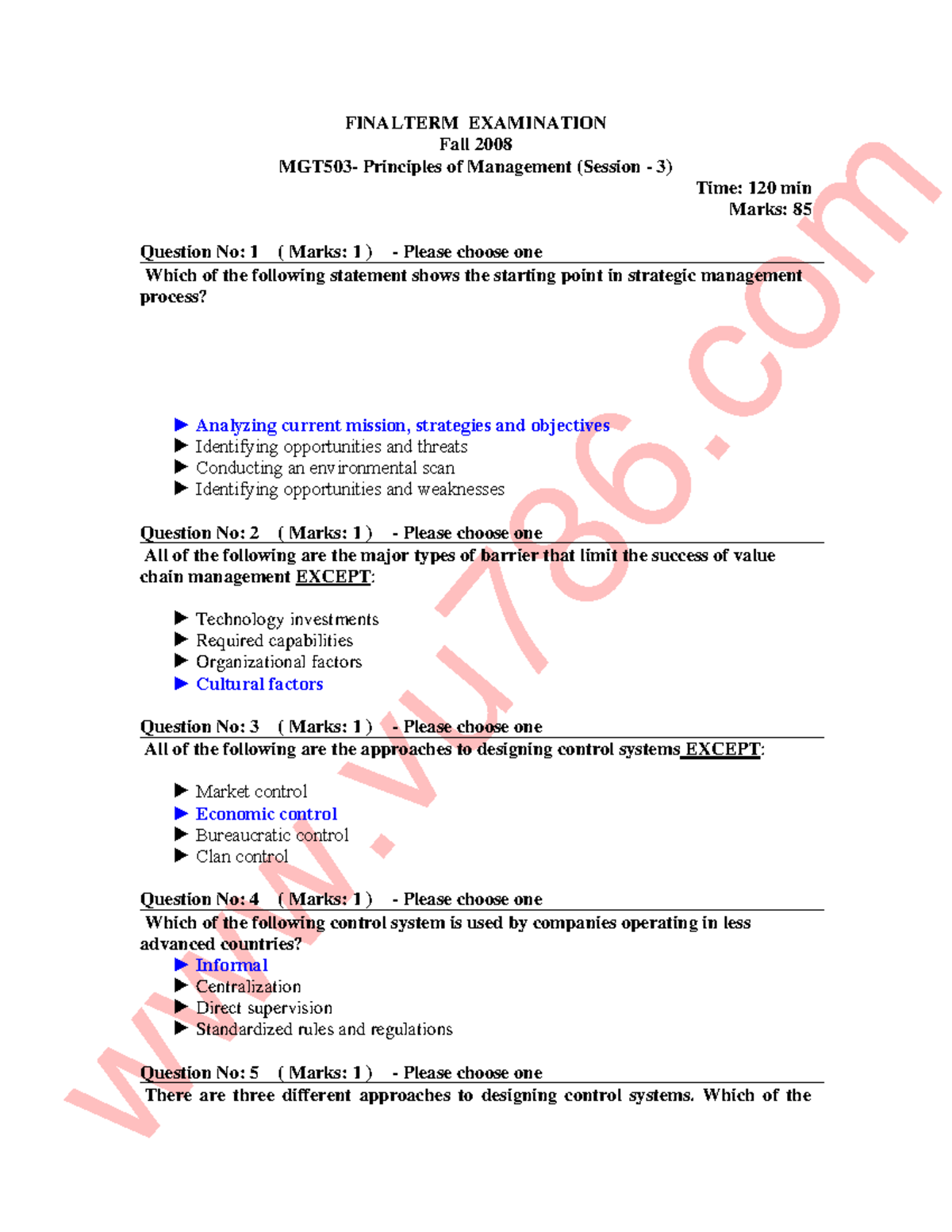 MGT503 Final Term Exam Fall 2008: Principles of Management Questions ...