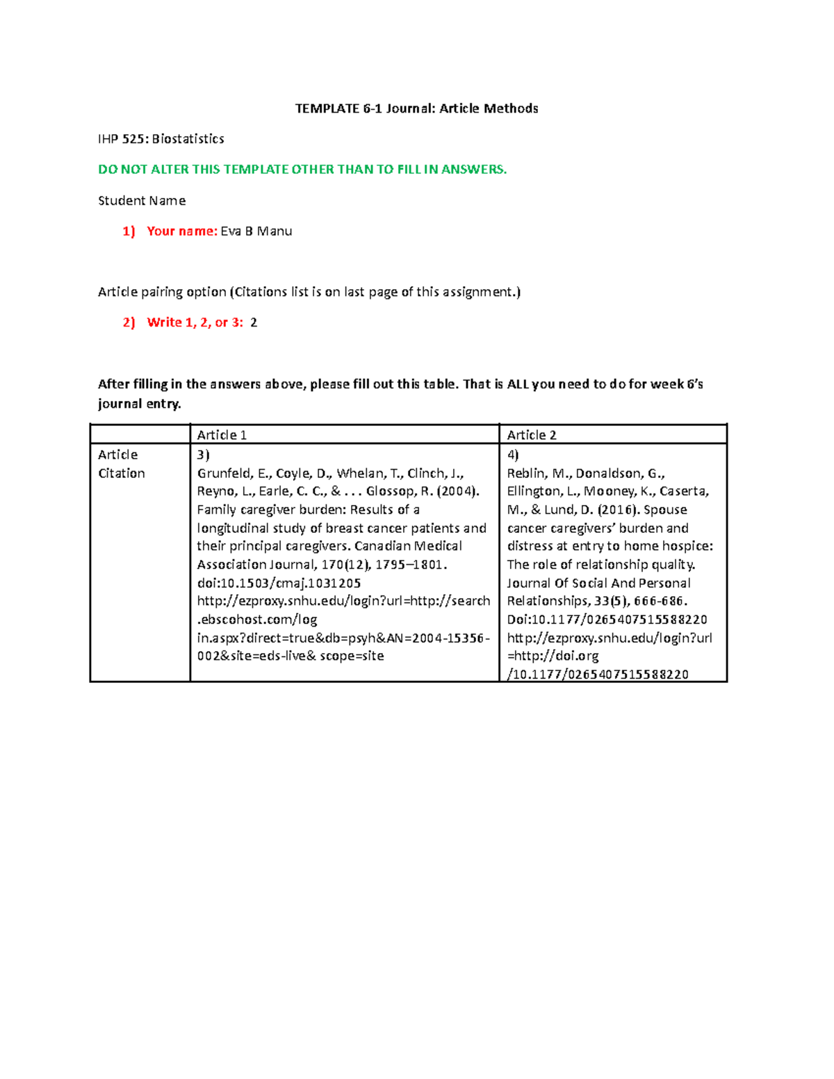 IHP 525: Journal Entry Article Methods Template - Revised 2 - Studocu